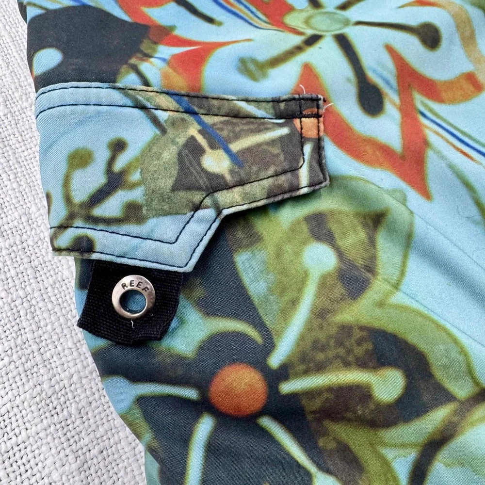 Reef Mens Vintage Y2K Board Shorts 36 Aqua Blue Tropical Floral Swim Trunks Surf